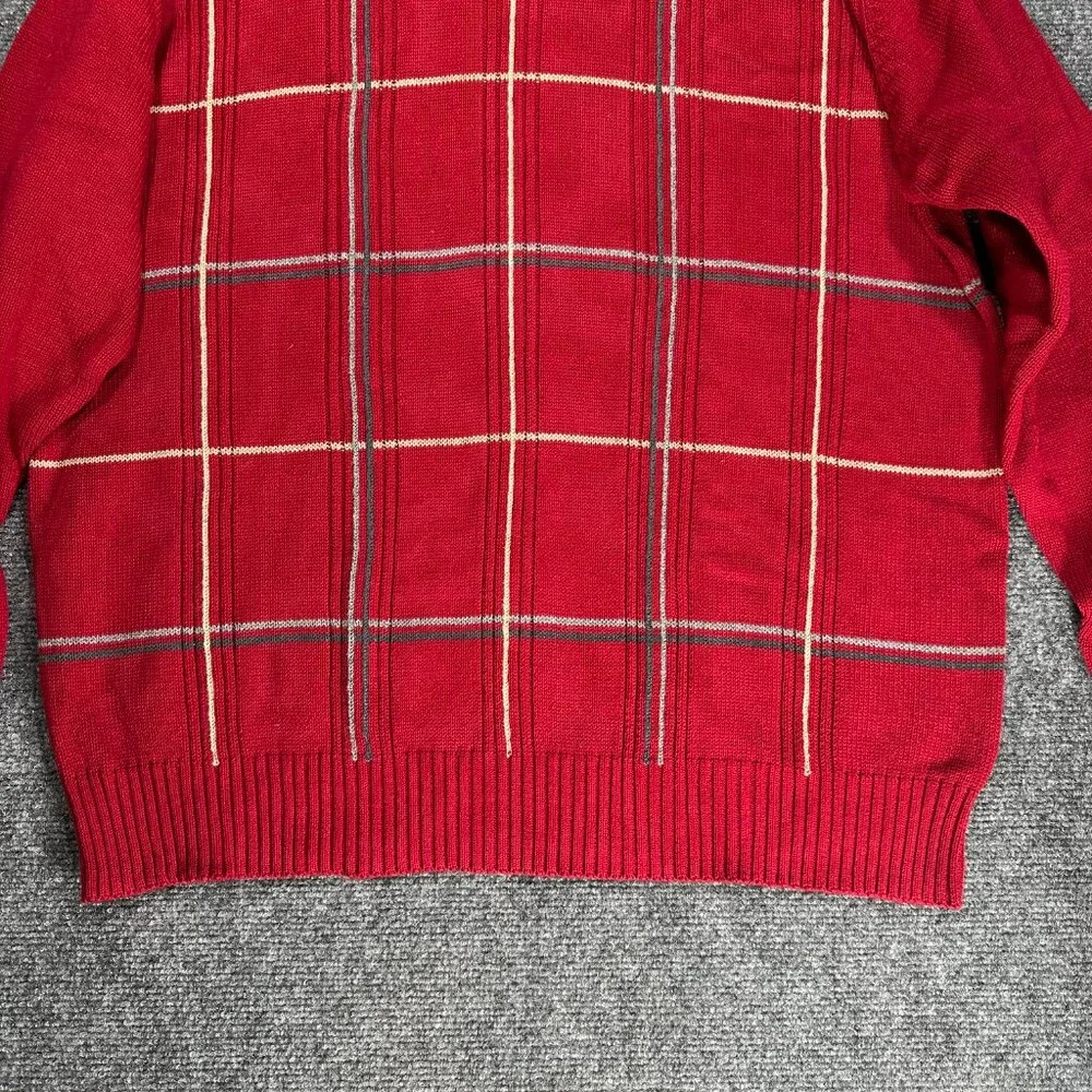 Oscar De La Renta Sweater Mens XL Red Plaid Cotton Crew Neck Ribbed Cuffs Hem